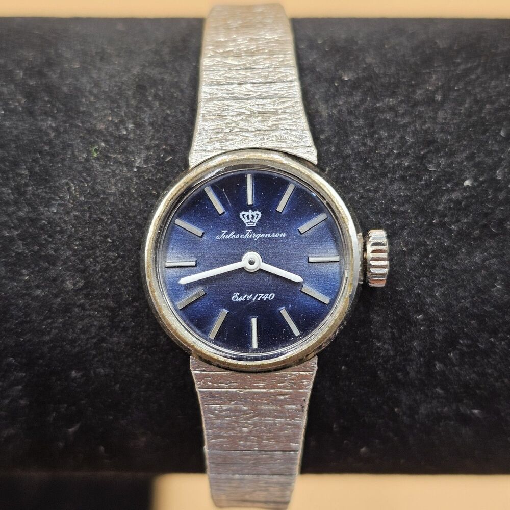 Vintage Jules Jurgensen Women Dress Watch Manual Wind Blue Dial Silver Tone